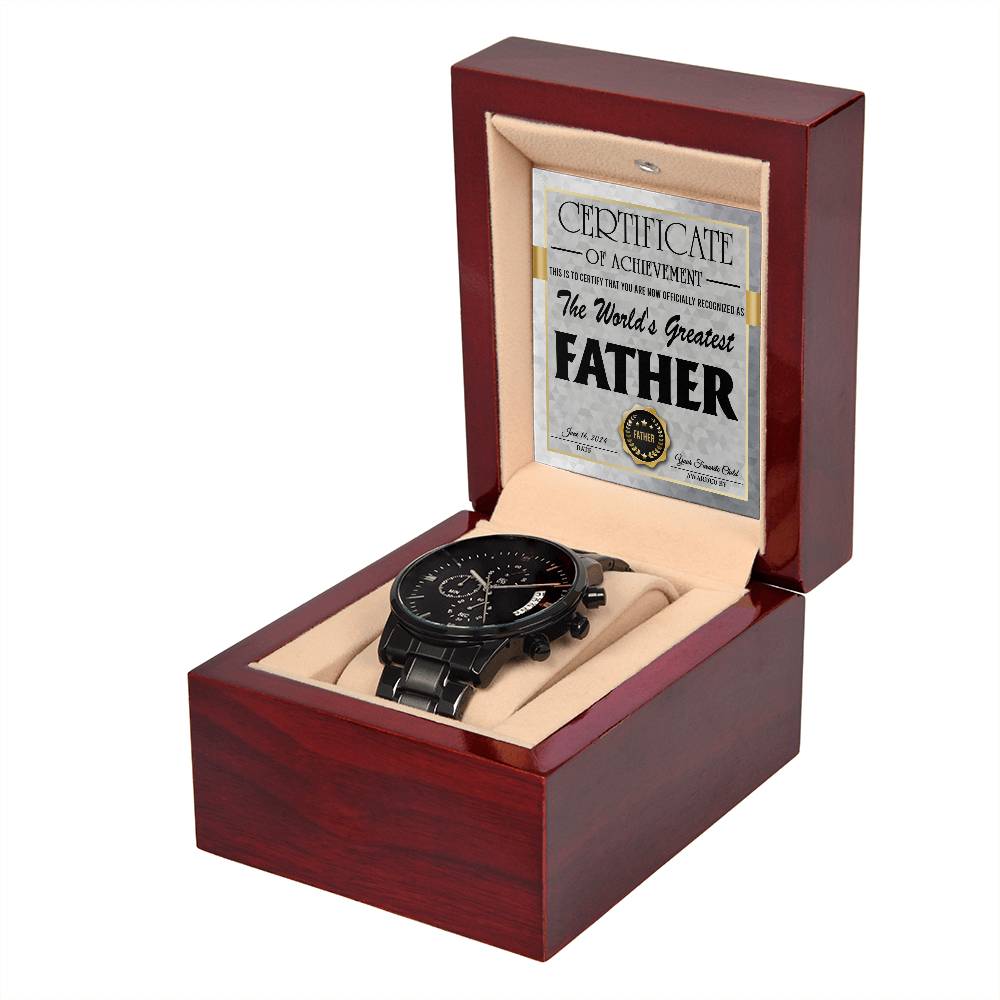 Certificate of Excellence: World's Greatest Father - Black Chronograph Watch - Real Rad Boutique