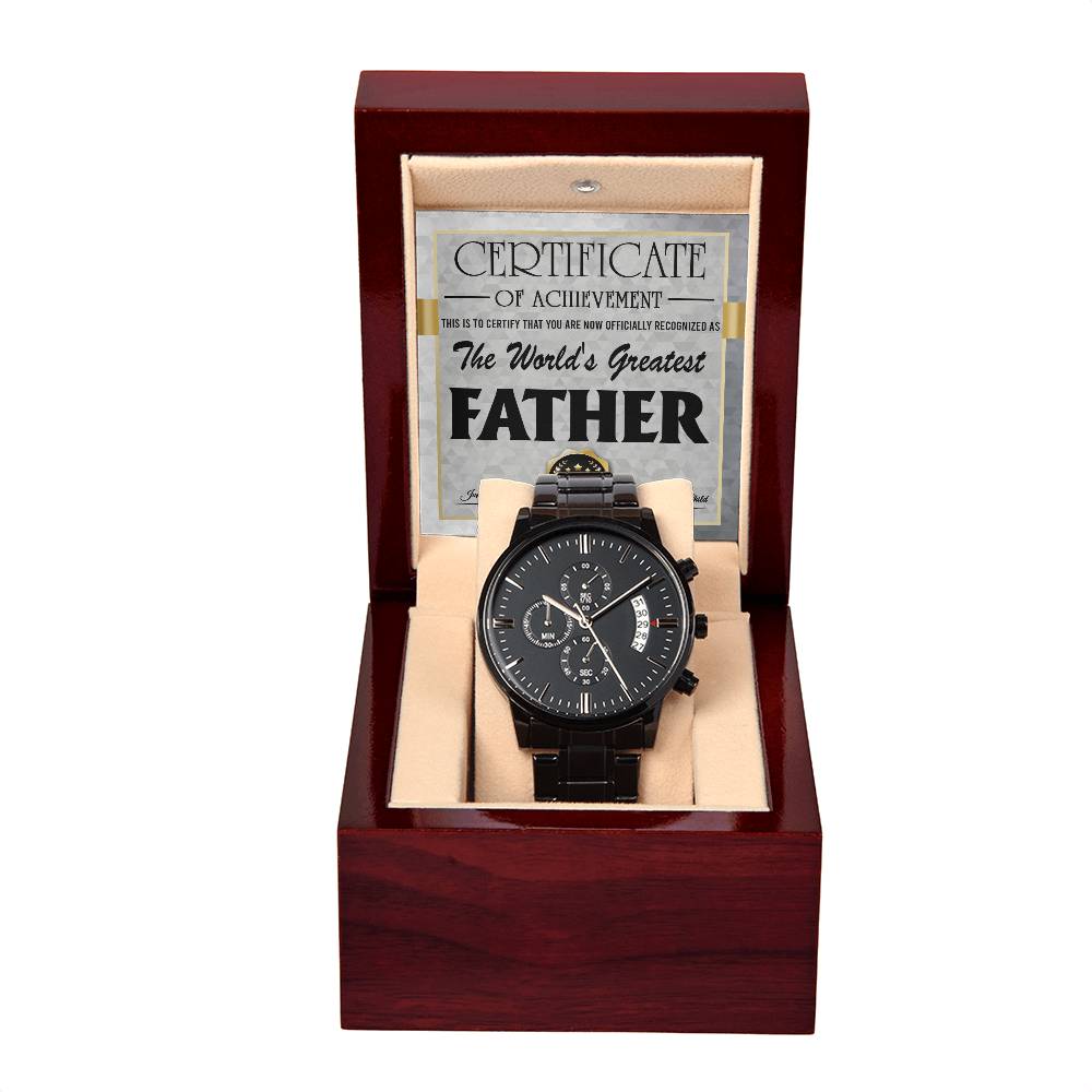 Certificate of Excellence: World's Greatest Father - Black Chronograph Watch - Real Rad Boutique