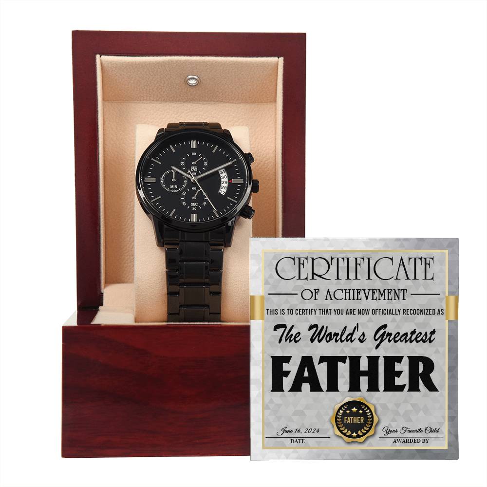 Certificate of Excellence: World's Greatest Father - Black Chronograph Watch - Real Rad Boutique