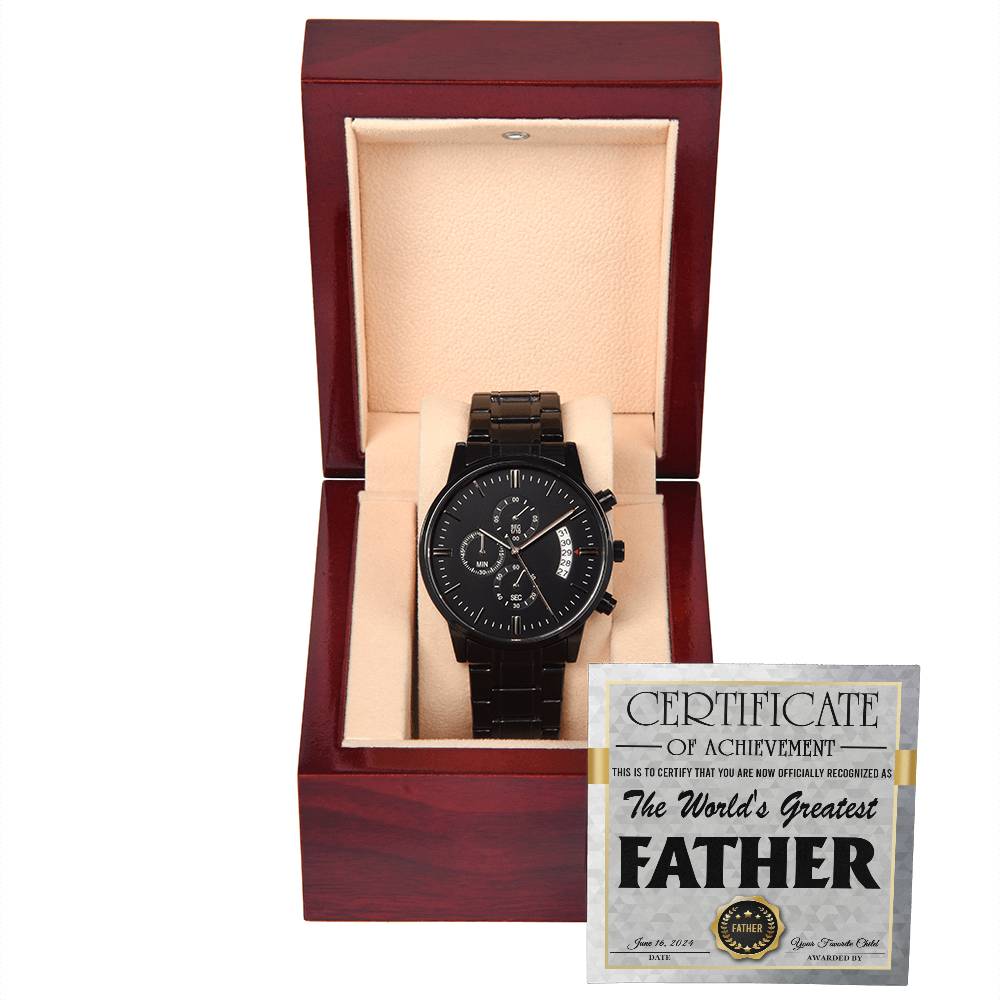 Certificate of Excellence: World's Greatest Father - Black Chronograph Watch - Real Rad Boutique