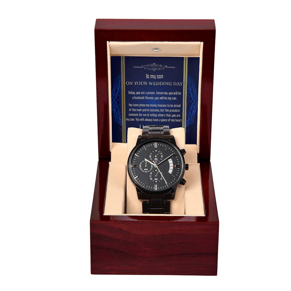 Heartfelt Wedding Day Message for Son - Black Chronograph Watch - Real Rad Boutique