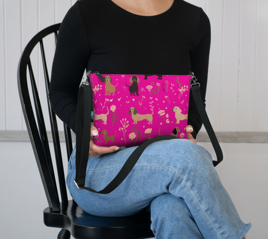 Hot Pink Blooms - Dachshund Vegan Leather Crossbody Purse - Real Rad Boutique