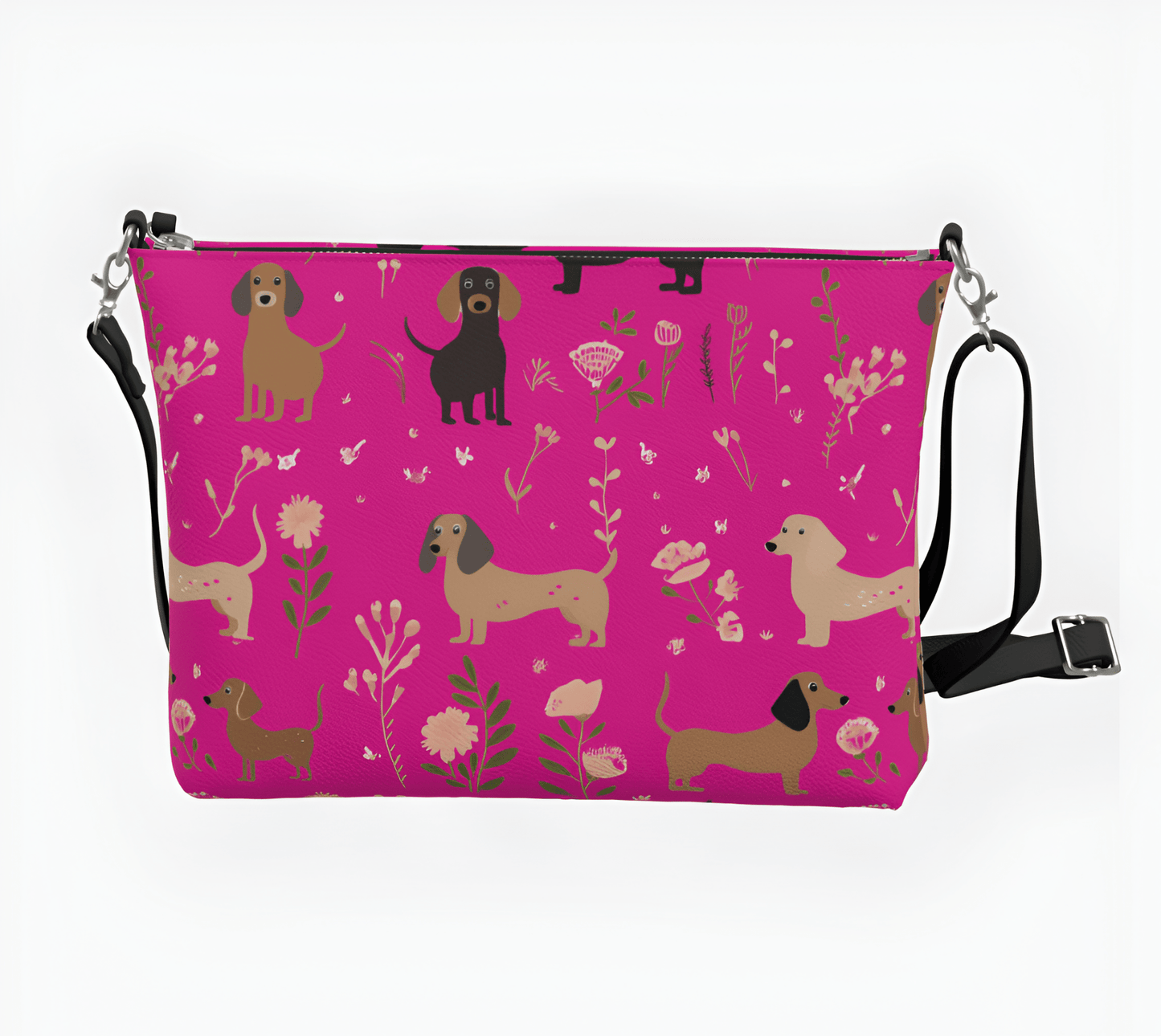 Hot Pink Blooms - Dachshund Vegan Leather Crossbody Purse - Real Rad Boutique