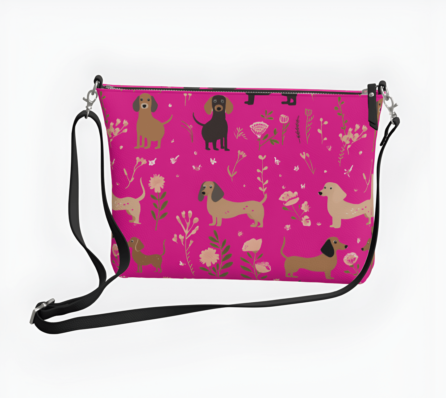 Hot Pink Blooms - Dachshund Vegan Leather Crossbody Purse - Real Rad Boutique