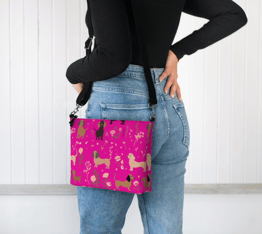 Hot Pink Blooms - Dachshund Vegan Leather Crossbody Purse - Real Rad Boutique