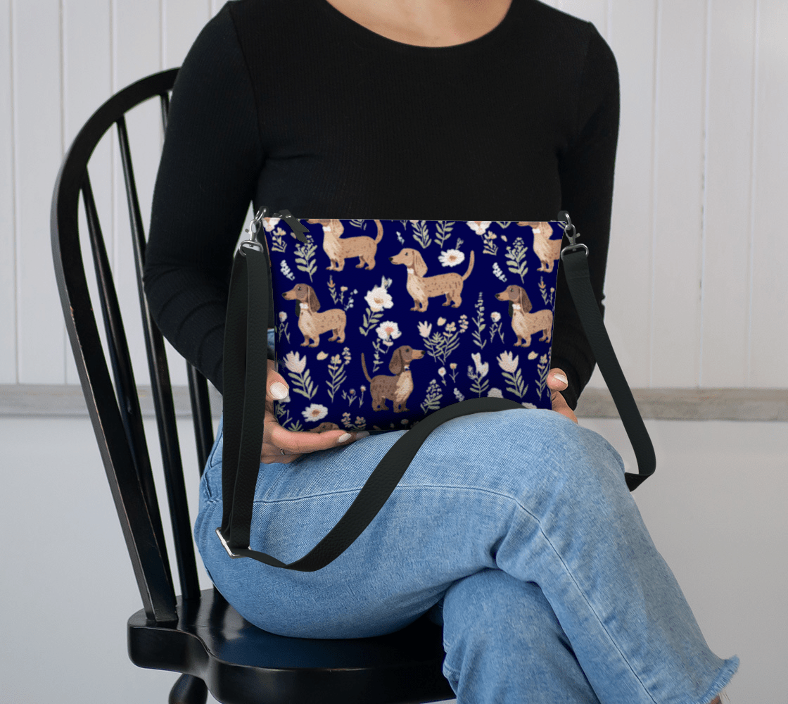 Blue Blooms - Dachshund Vegan Leather Crossbody Purse - Real Rad Boutique