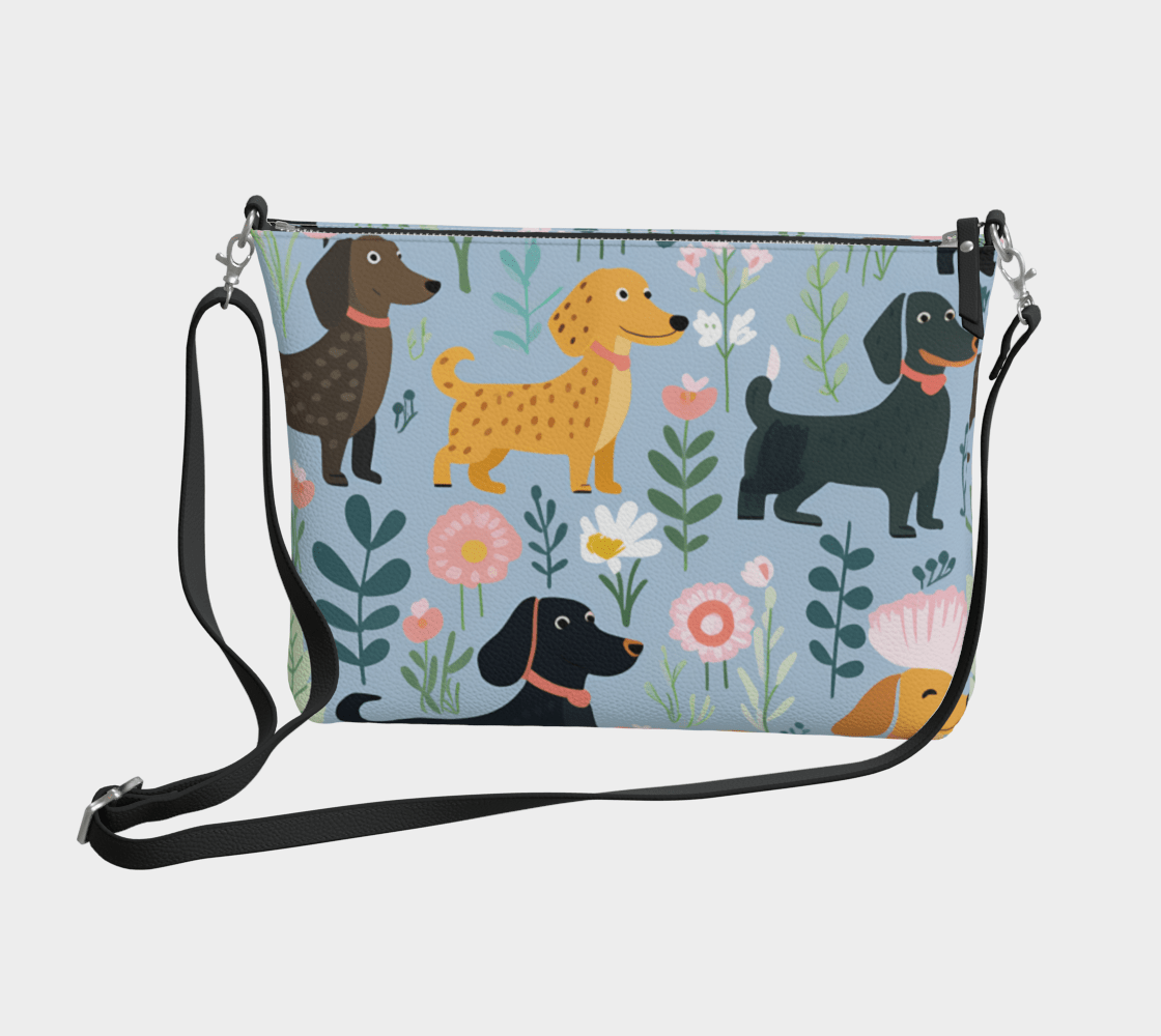 Blue Floral Paws (Black Strap) - Dachshund Vegan Leather Crossbody Purse - Real Rad Boutique