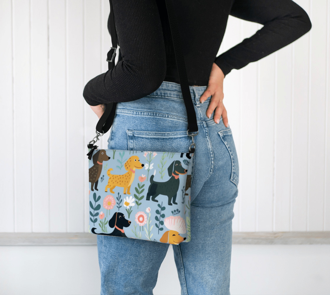 Blue Floral Paws (Black Strap) - Dachshund Vegan Leather Crossbody Purse - Real Rad Boutique