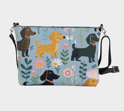 Blue Floral Paws (Black Strap) - Dachshund Vegan Leather Crossbody Purse - Real Rad Boutique