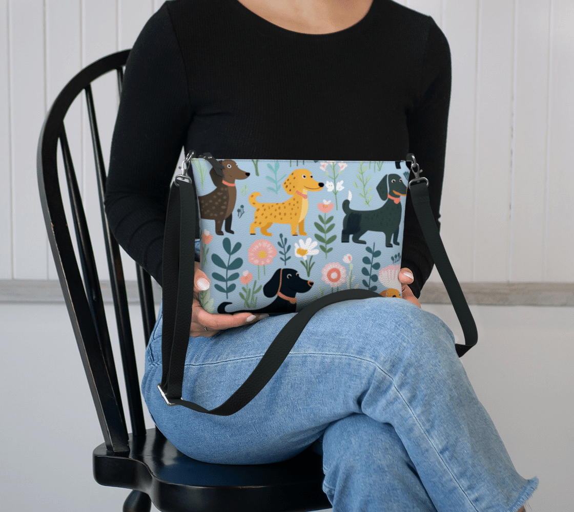 Blue Floral Paws (Black Strap) - Dachshund Vegan Leather Crossbody Purse - Real Rad Boutique