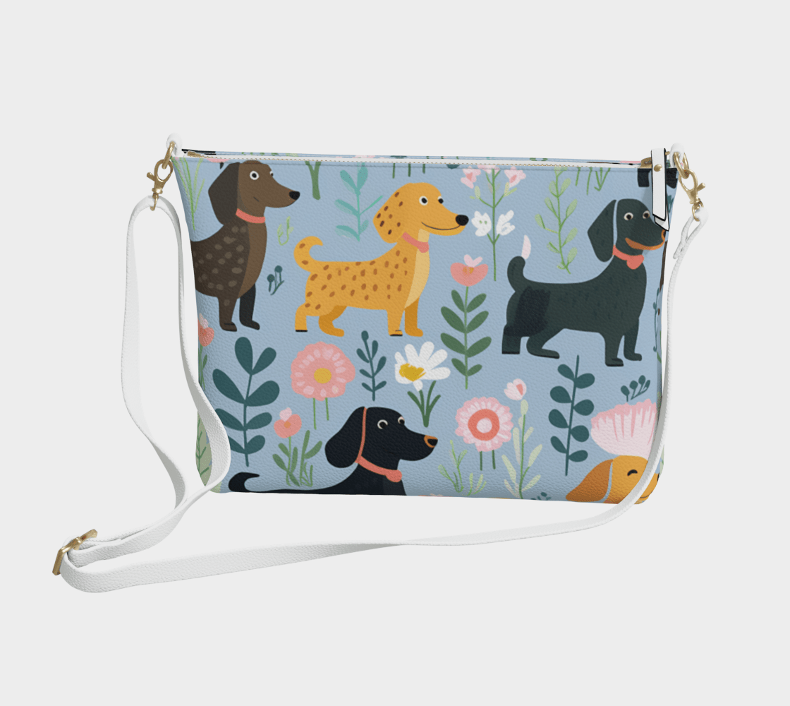 Blue Floral Paws - Dachshund Vegan Leather Crossover Purse - Real Rad Boutique