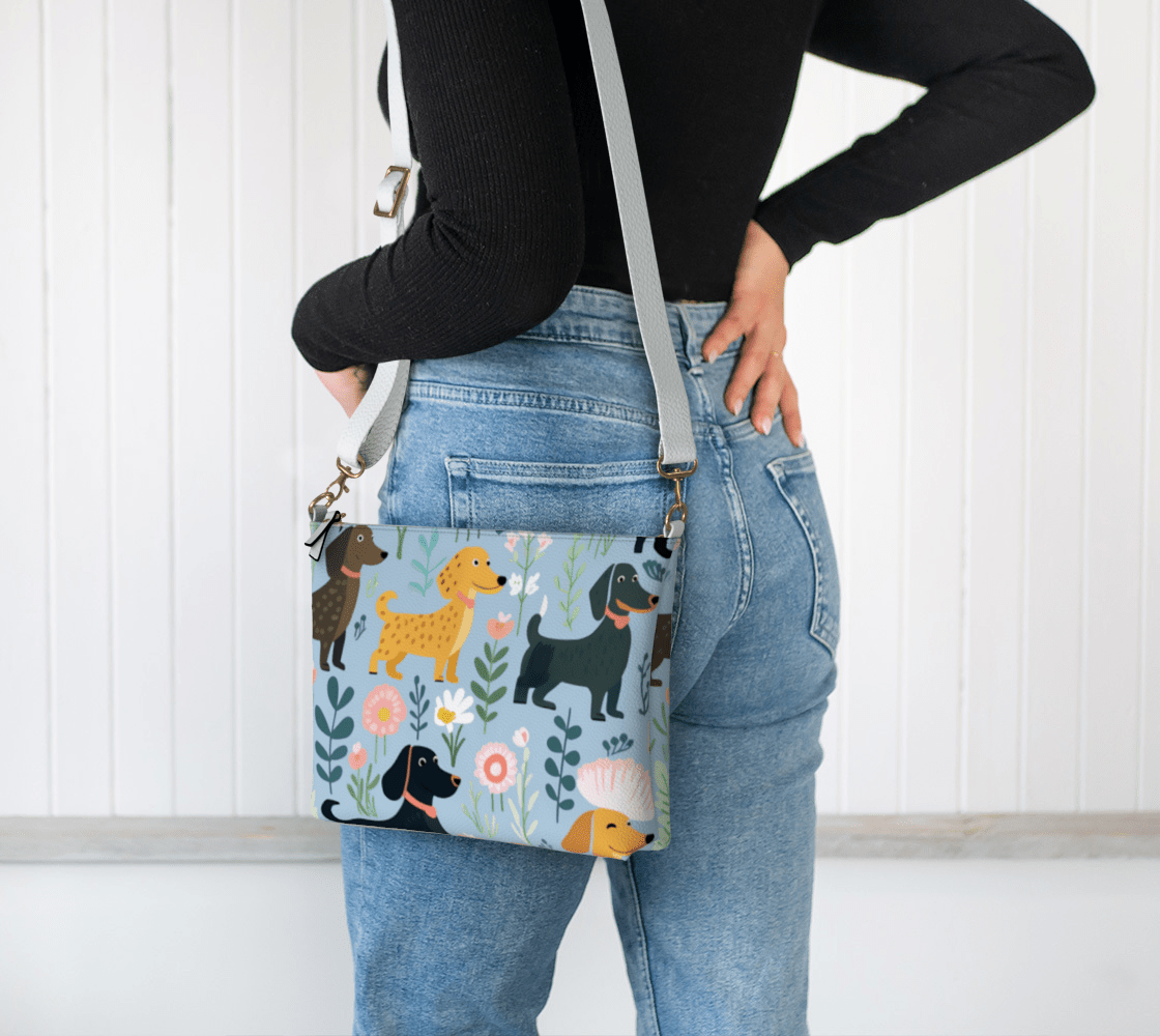 Blue Floral Paws - Dachshund Vegan Leather Crossover Purse - Real Rad Boutique