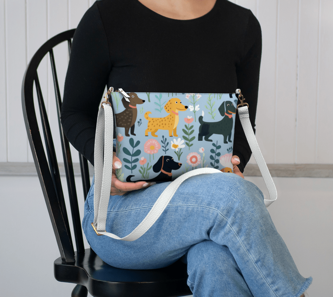 Blue Floral Paws - Dachshund Vegan Leather Crossover Purse - Real Rad Boutique