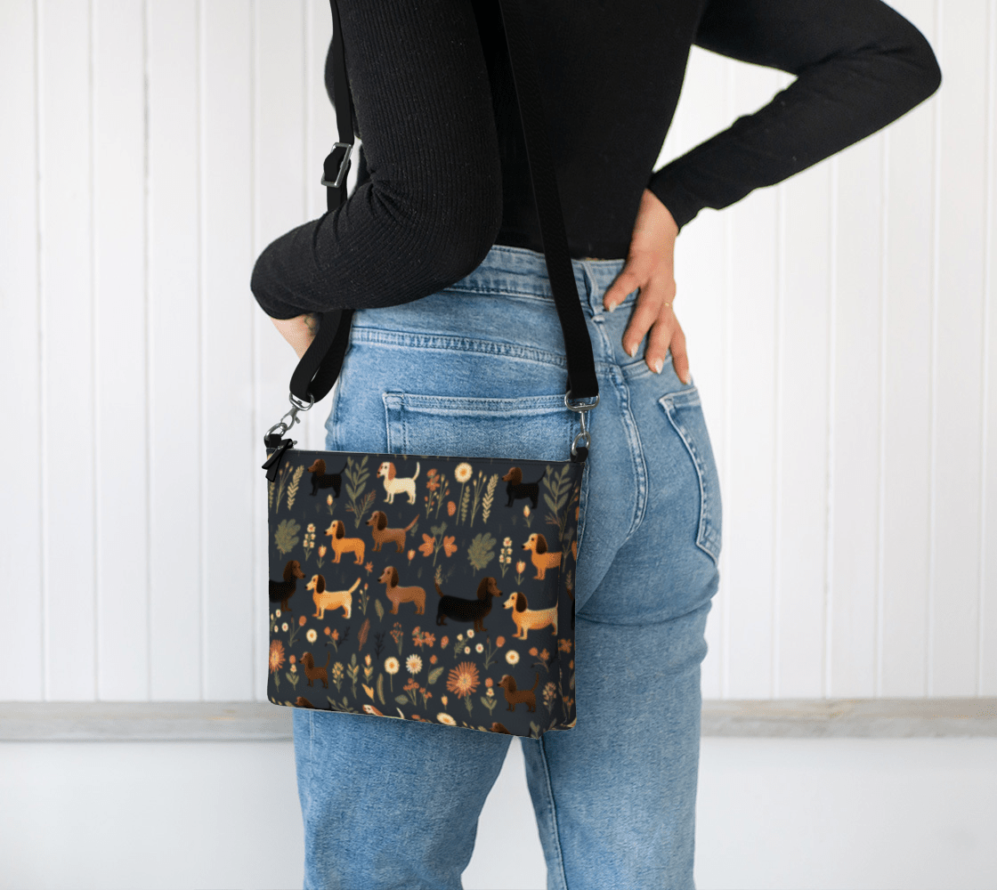 Dachshund with Flowers - Dachshund Vegan Leather Crossbody Purse - Real Rad Boutique