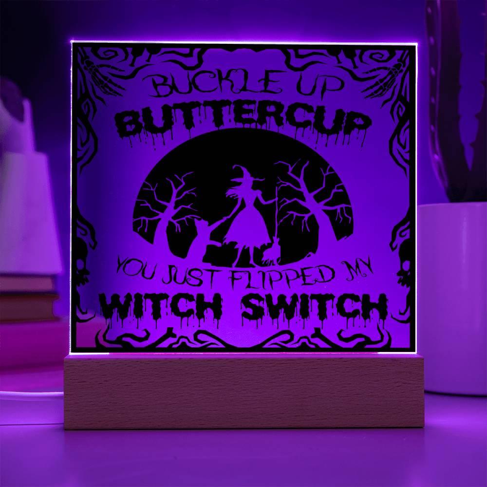 Halloween "Witchy Whirlwind: Buckle Up, Buttercup!' Acrylic Square Plaque - Real Rad Boutique