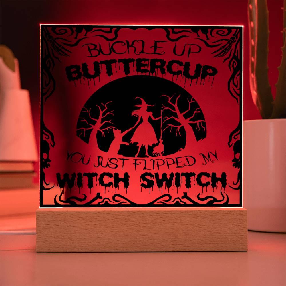 Halloween "Witchy Whirlwind: Buckle Up, Buttercup!' Acrylic Square Plaque - Real Rad Boutique